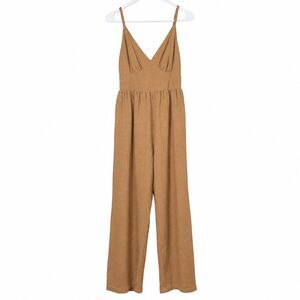 Joppa Size Large Brown Linen Blend Wide Leg Jumpsuit Boho Minimalist